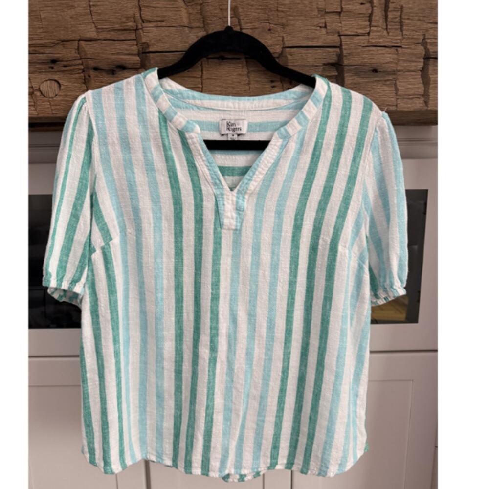 Kim Rogers Teal White Striped Linen Blend V-Neck Popover Top Size Medium
